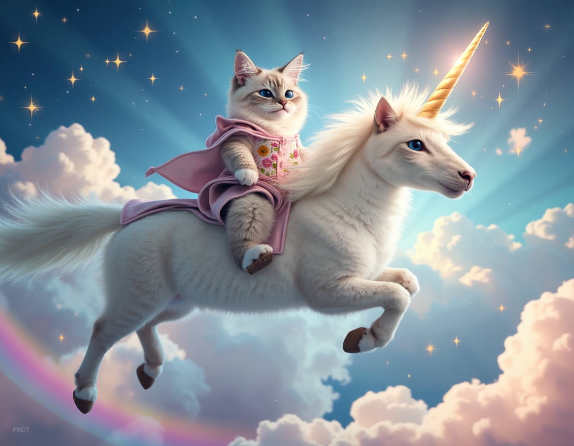 Cat rides a magical unicorn galloping across a rainbow, surrounded by glittering stars and fluffy clouds. The unicorn’s glowing horn creates a dreamy atmosphere.